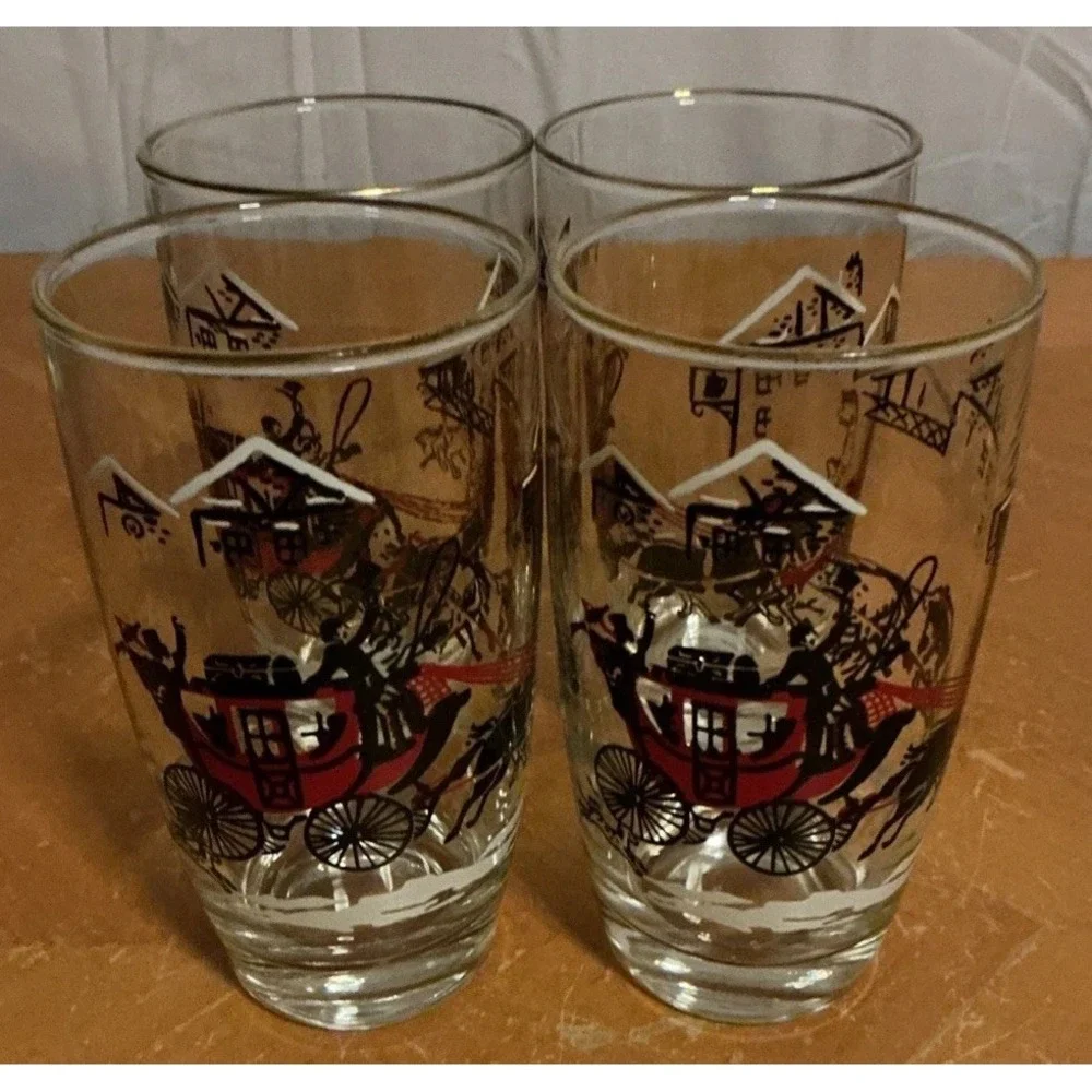 Vintage 1950s Libbey Stagecoach Horses Christmas Glasses, Set Of‎ 4, Gold Rim